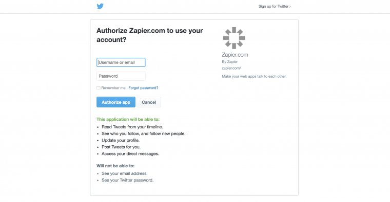 Twitter Zapier authorization