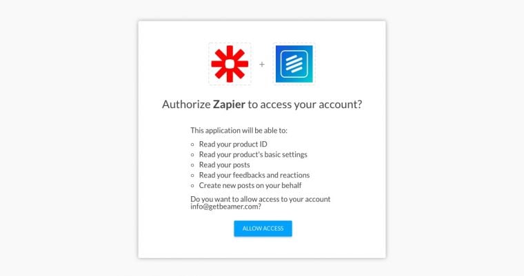 Beamer Zapier account access authorization