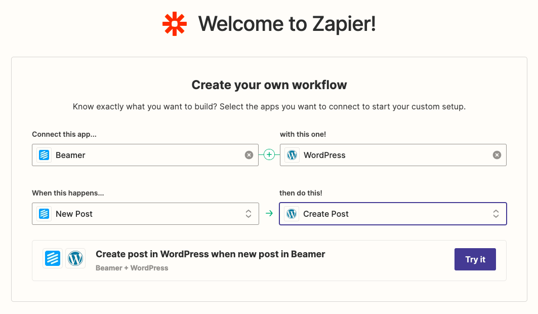 Zapier Beamer and WordPress connection