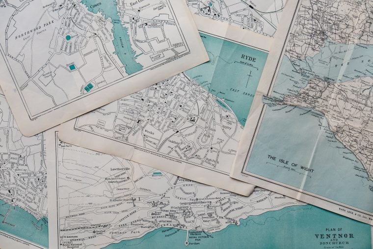 A photograph of various maps